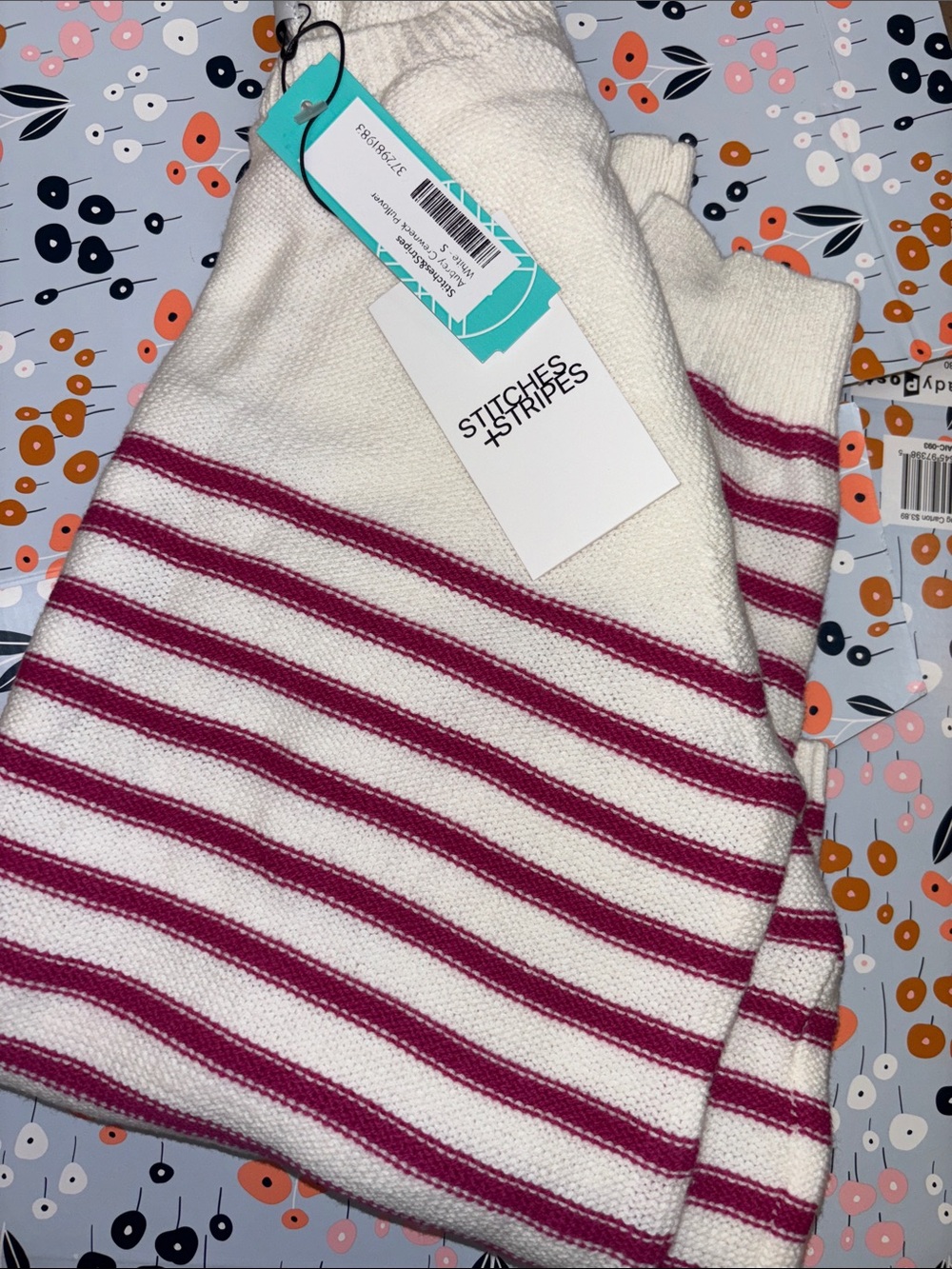 Stitches + Stripes White Sweater with Raspberry Stripes
